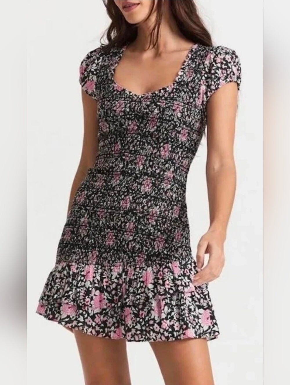 LoveShackFancy Trevor Smocked Mini Dress  Raspberry Spice Latte Printed Sz P/ 00